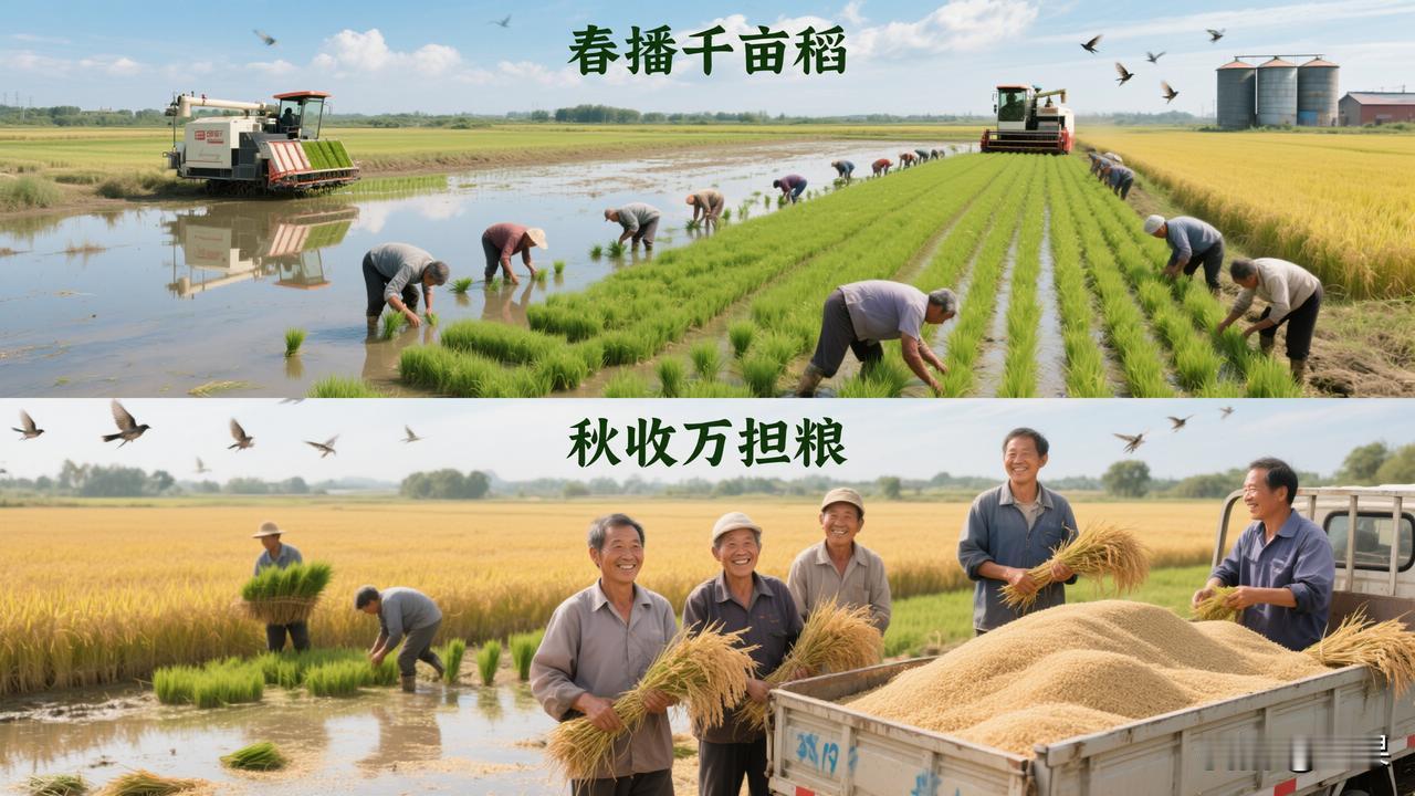 下联：秋收万担粮

赏析：这幅下联“秋收万担粮”与上联“春播千亩稻”形成完美的农