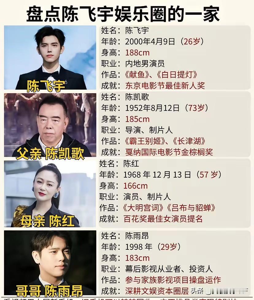 陈飞宇这一家子，在娱乐圈那是真顶配。
老爸陈凯歌，国内顶级大导演，拍过的经典电影