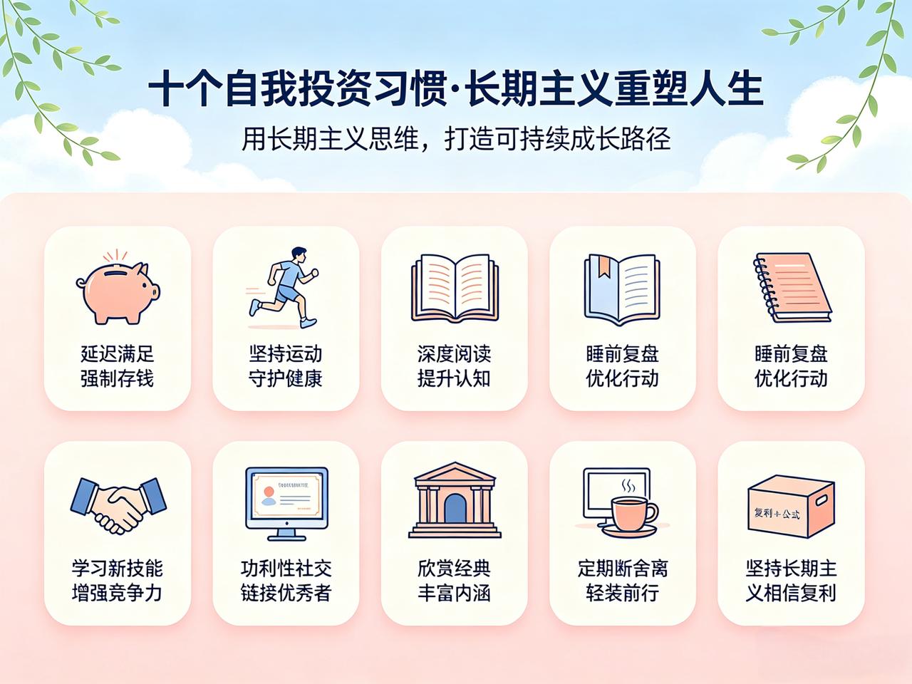 十个自我投资习惯，用长期主义重塑人生
一、延迟满足，强制存钱
工资到账先存20%