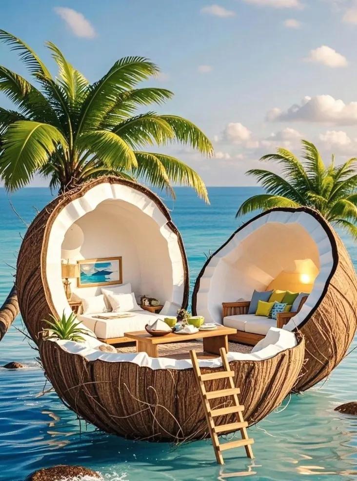 🌴🏖️ 热带椰壳小屋，海天一色，浪漫度假！绝美海岛度假 海边浪漫情调