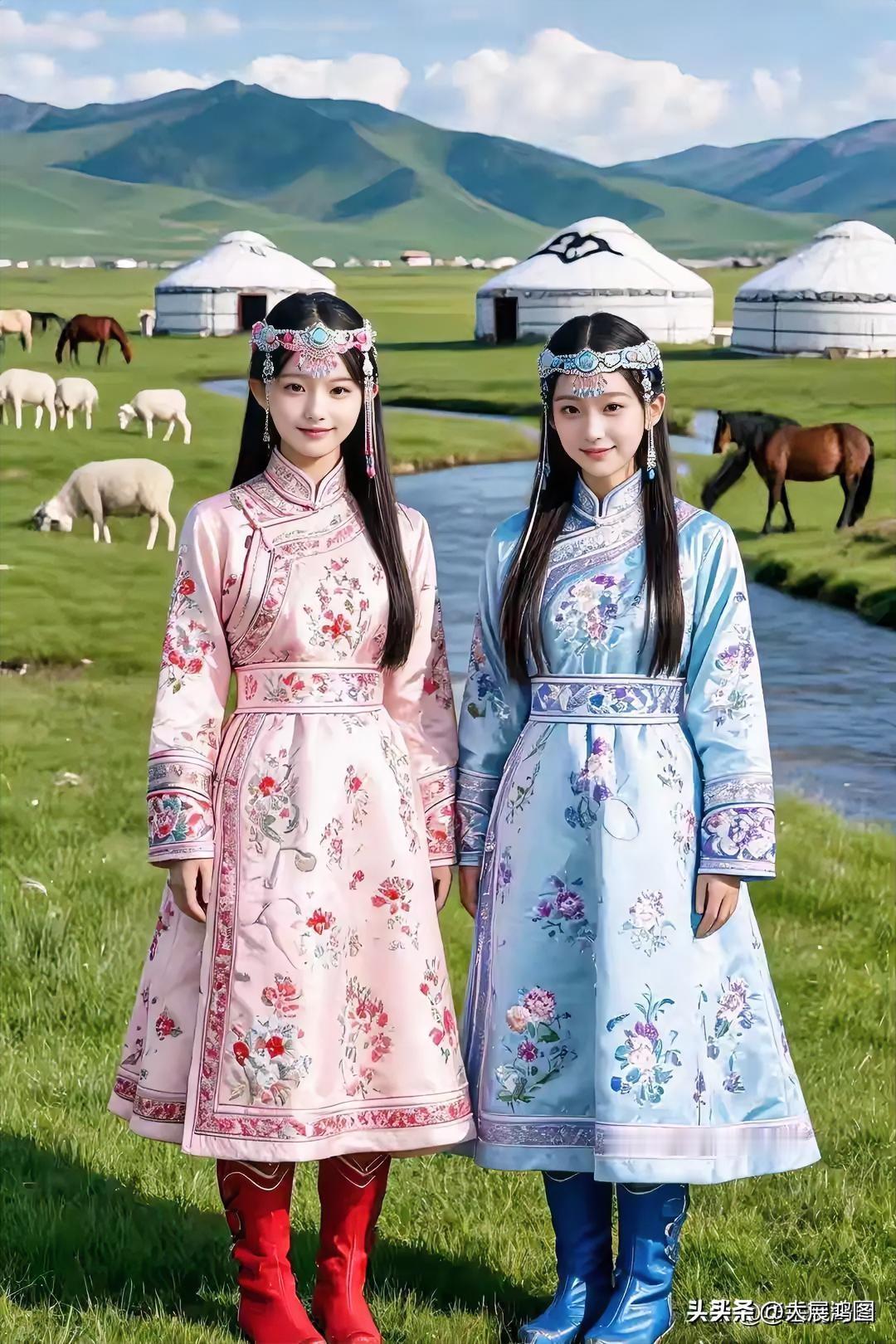 两位姑娘在草原上穿着传统服饰拍照。