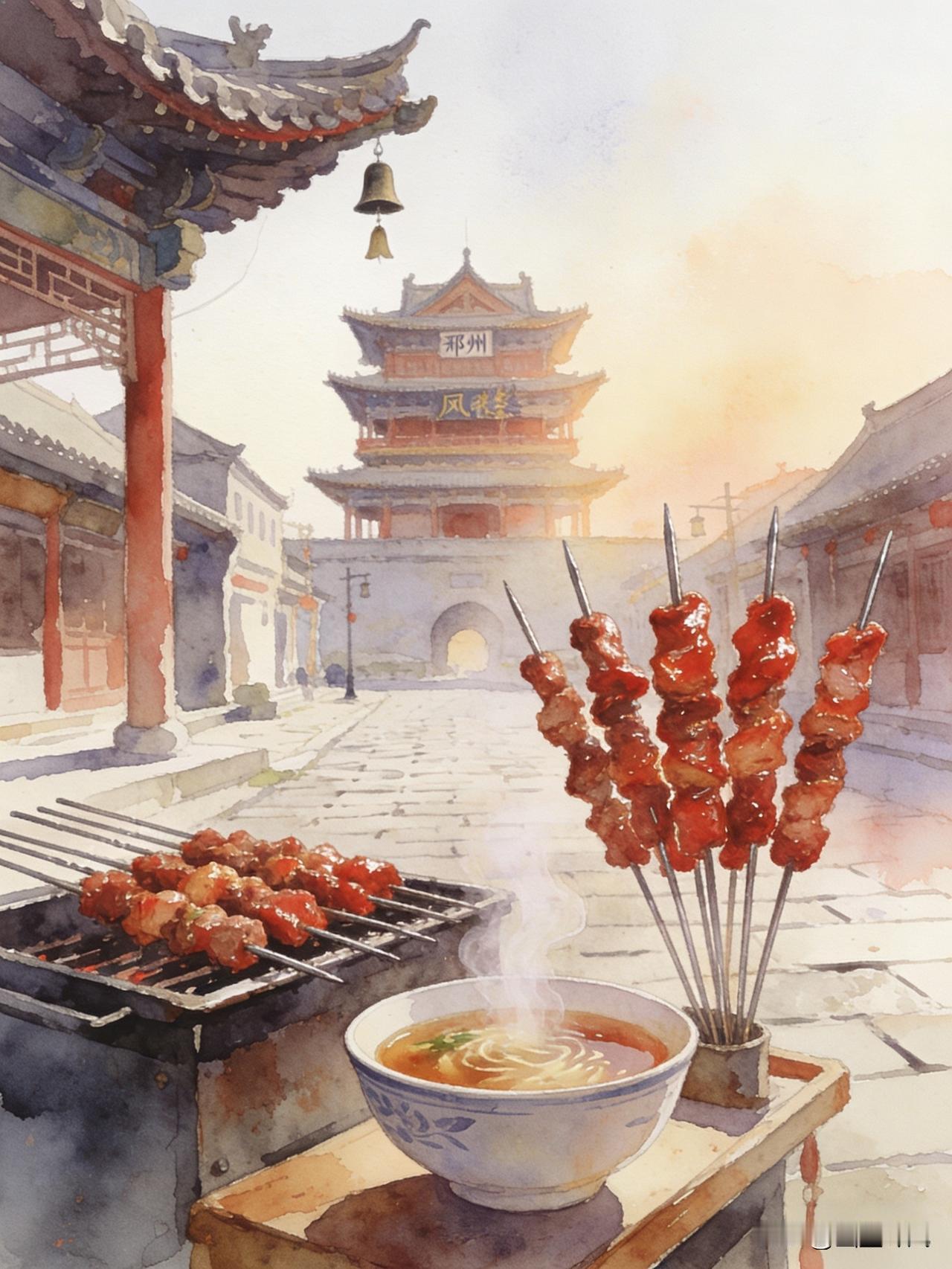 清晨的邢州老街，青砖黛瓦下藏着惊喜。刚出炉的非遗茶汤香气扑鼻，百年老店的羊肉串滋