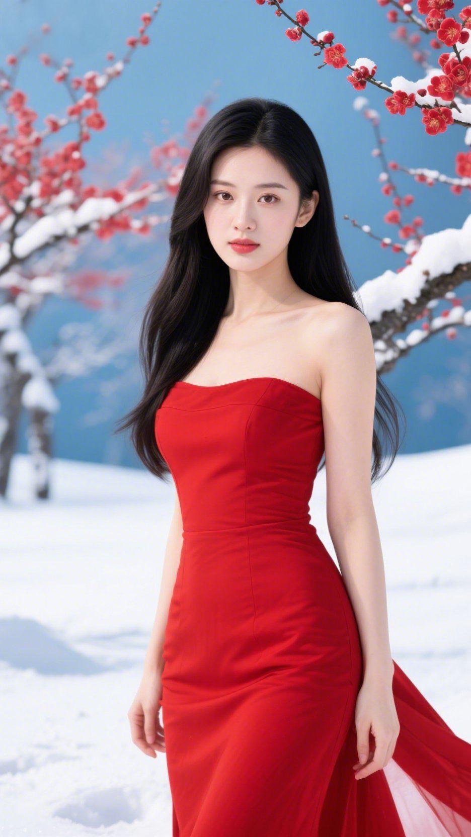 红裙映雪，梅香赴冬
 
雪后的天地铺着素白绒毯，红梅枝桠顶着碎雪，在澄澈蓝天的映