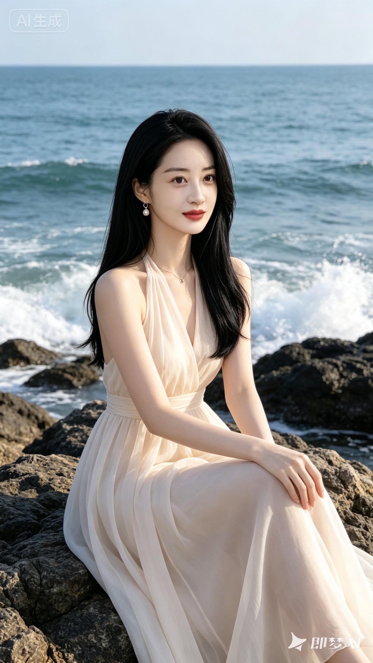 海边少女，温柔如水，轻纱飘逸，海风轻拂，宛如画中仙。