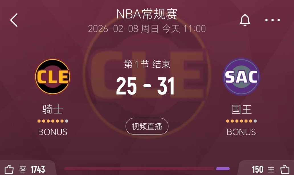 第一节结束，骑士落后6分！骑士vs国王