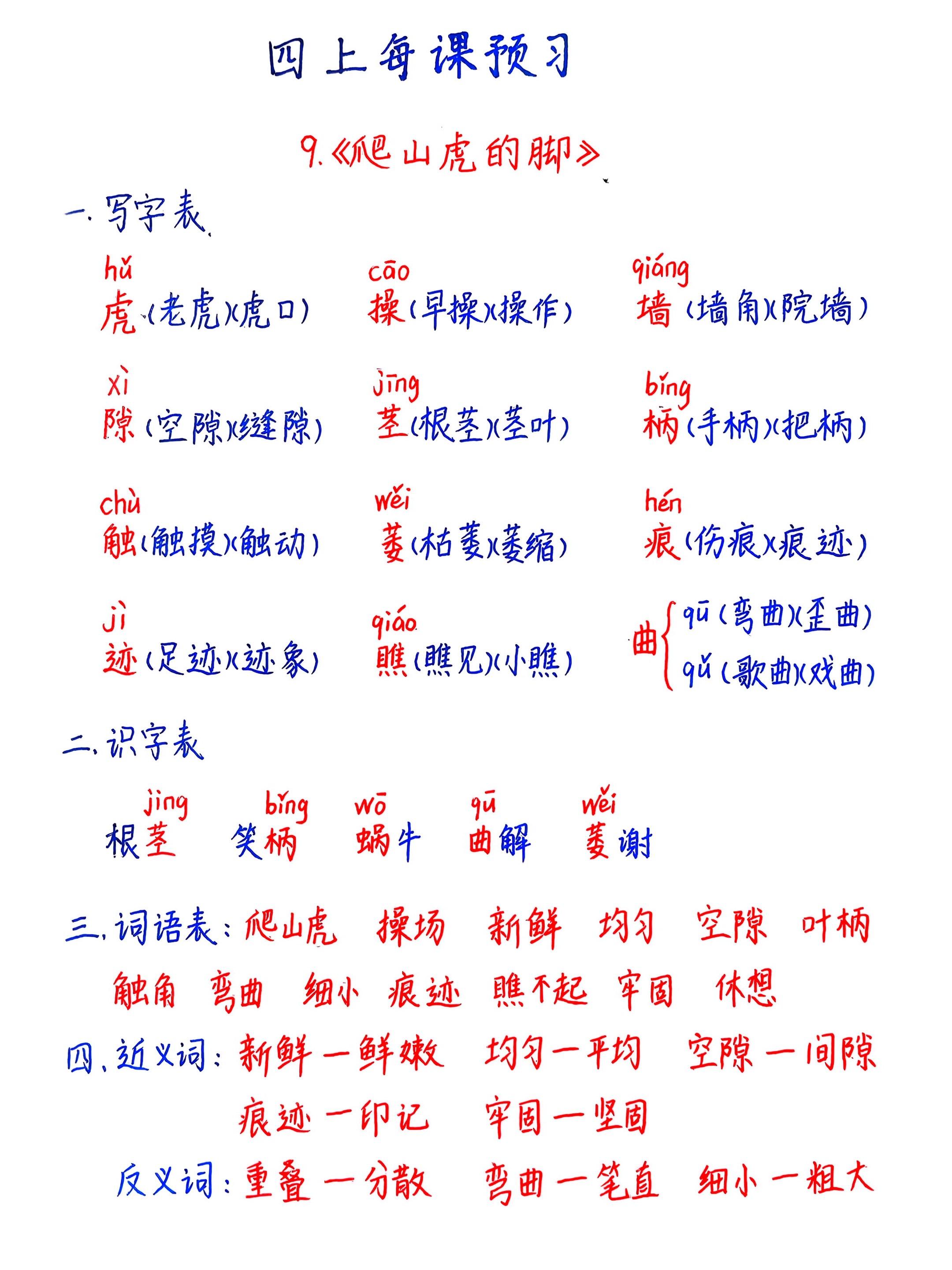 四上每课预习《爬山虎的脚》知识点。 暑假打卡预习新学期知识，语数英都可...
