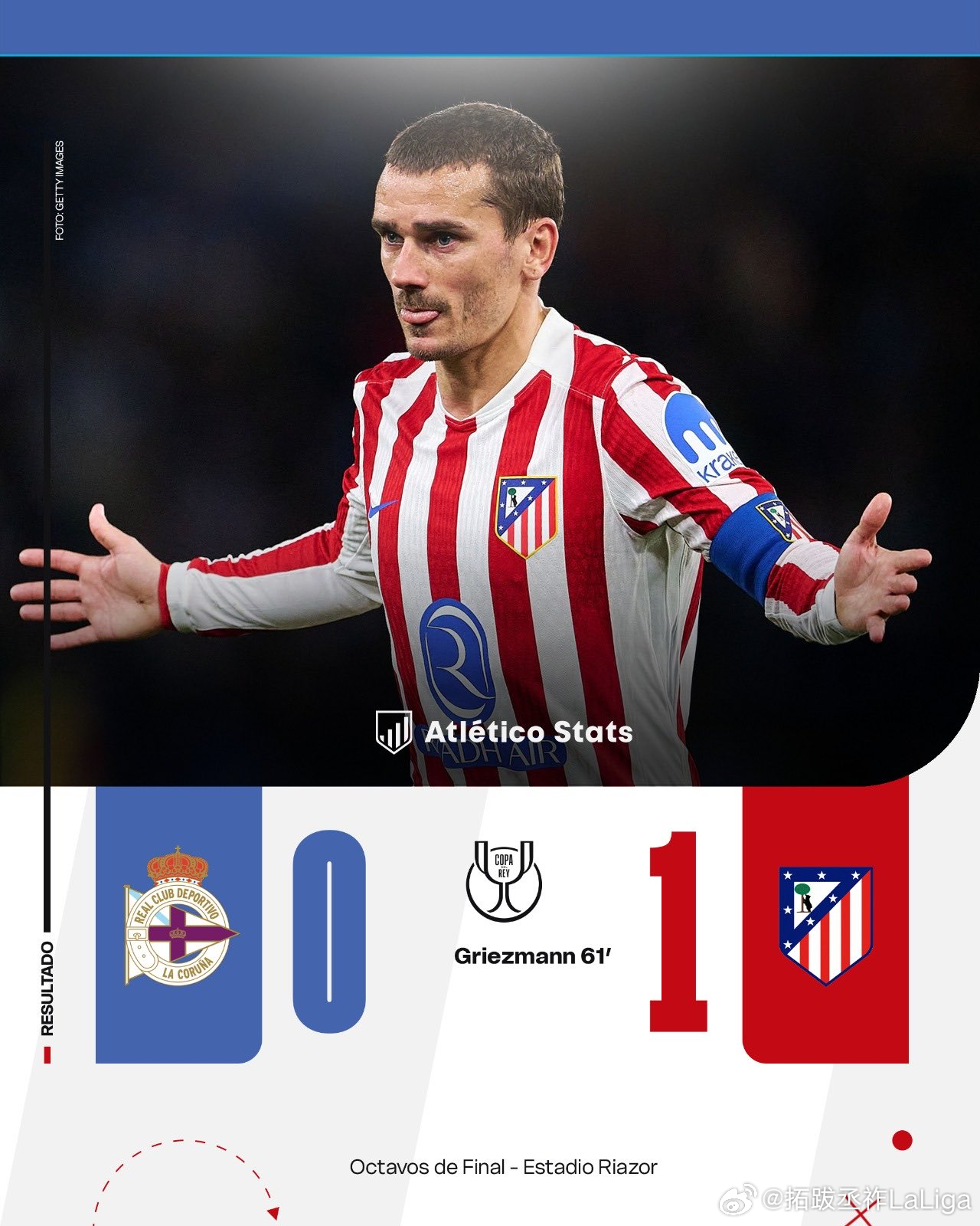 【国王杯】拉科鲁尼亚0-1马德里竞技，输给格列兹曼十分角的任意球，拉科鲁尼亚可以