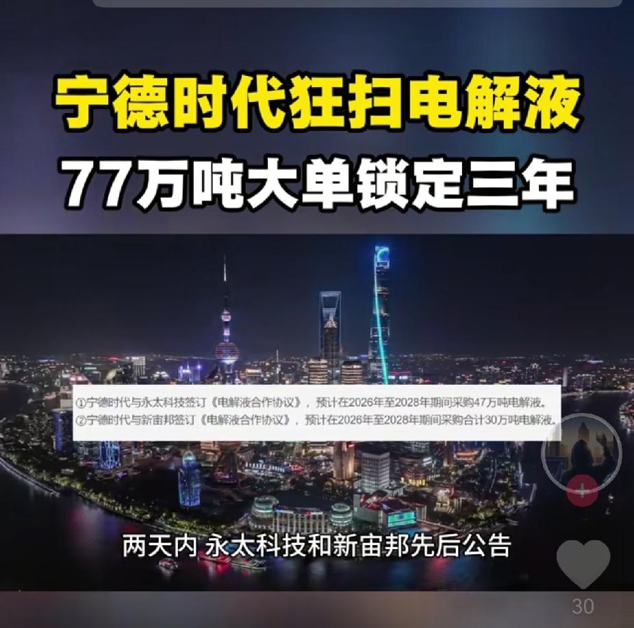 宁德时代两天内
连甩两个超级大单：
先跟新宙邦签了30万吨电解液长单，又跟永太科
