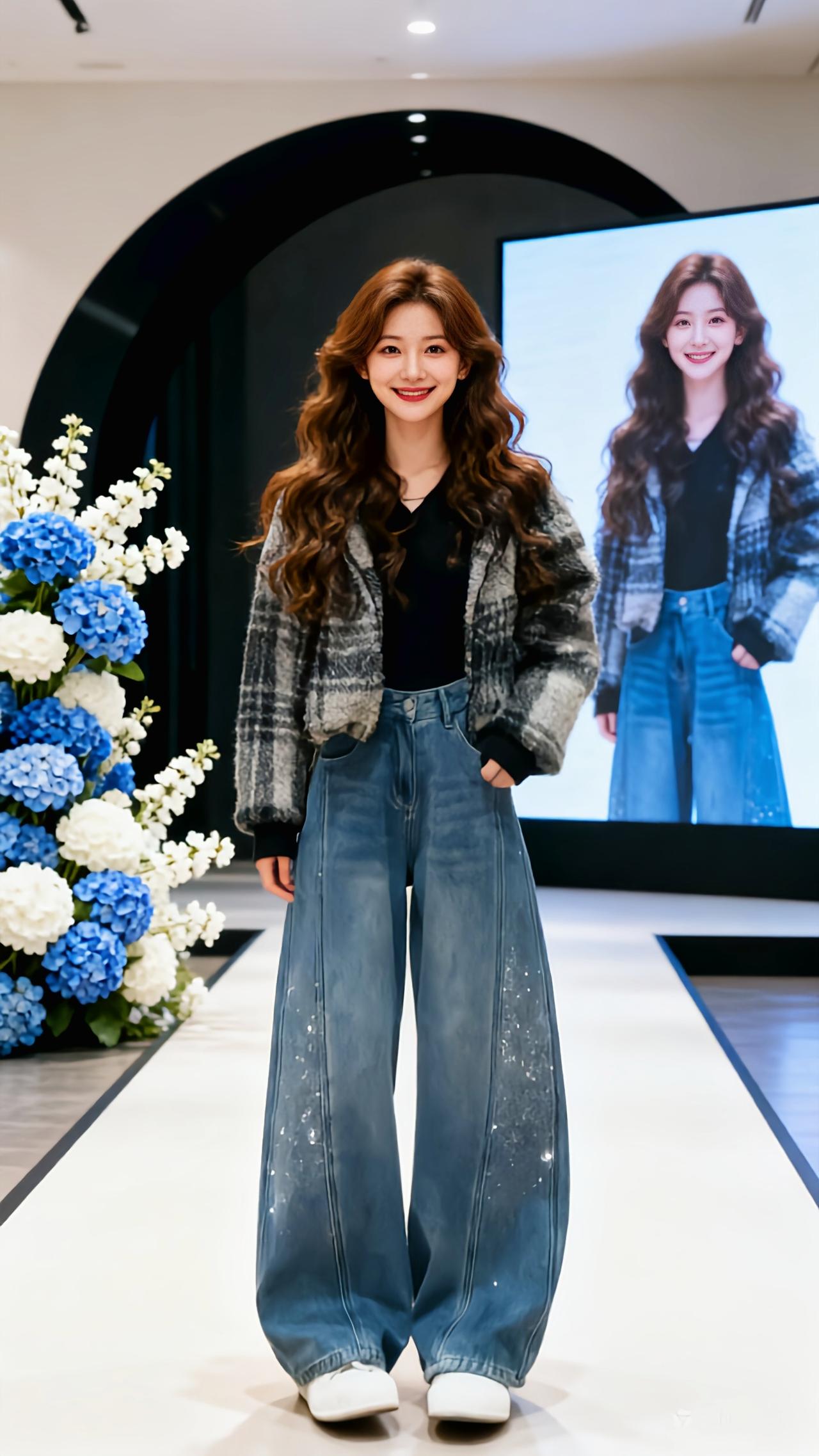 地素时尚 女孩潮流穿搭 直筒显瘦秀场同款长裤 chic风 牛仔阔腿裤潮流