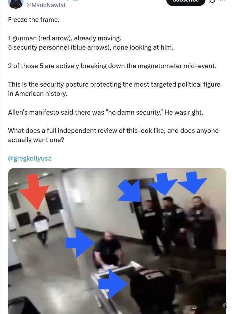 定格画面。
 
1名枪手（红色箭头），已经在行动。
5名安保人员（蓝色箭头），没