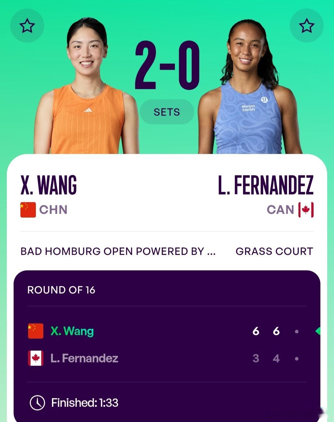 WTA500巴特洪堡站🇩🇪女单第2轮王欣瑜🇨🇳6-3/6-4战胜费尔南德