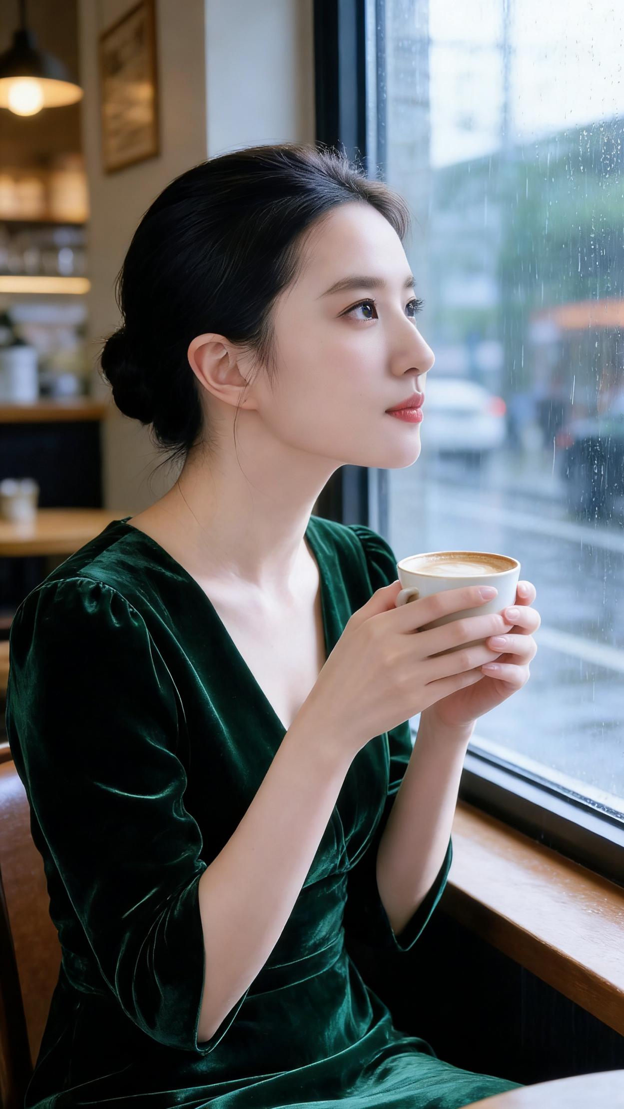 雨丝在玻璃上织成细密的网
深绿丝绒裹着柔软的光
掌心的温度漫过白瓷杯沿
像你眼底