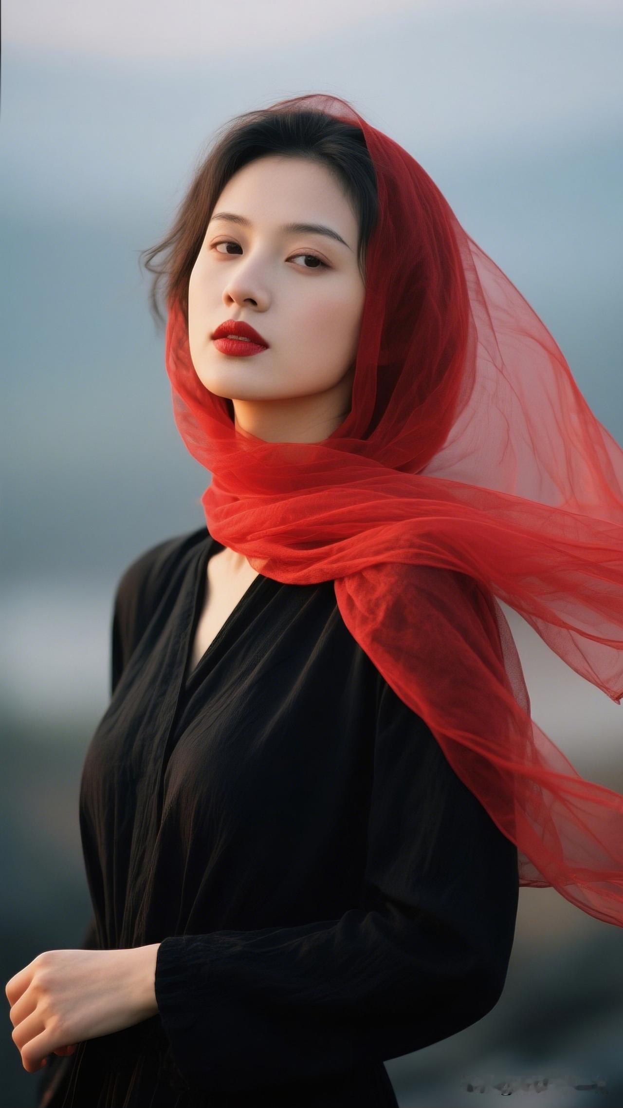 红纱飘逸，黑衣典雅，尽显东方古典美。分享唯美照片