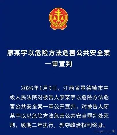 判死刑，缓刑二年。
这个判死缓是合理的。廖某宇是间接故意，看到行人后还踩刹车、打