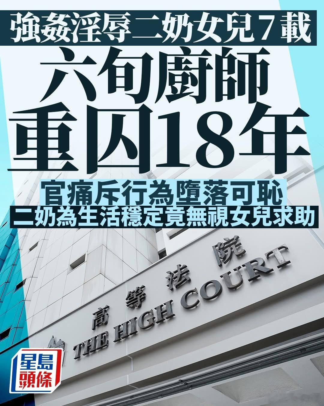 六旬厨师强奸淫辱与二奶所生女儿，判囚18年星岛报道，61岁男被告T.M.L.承认