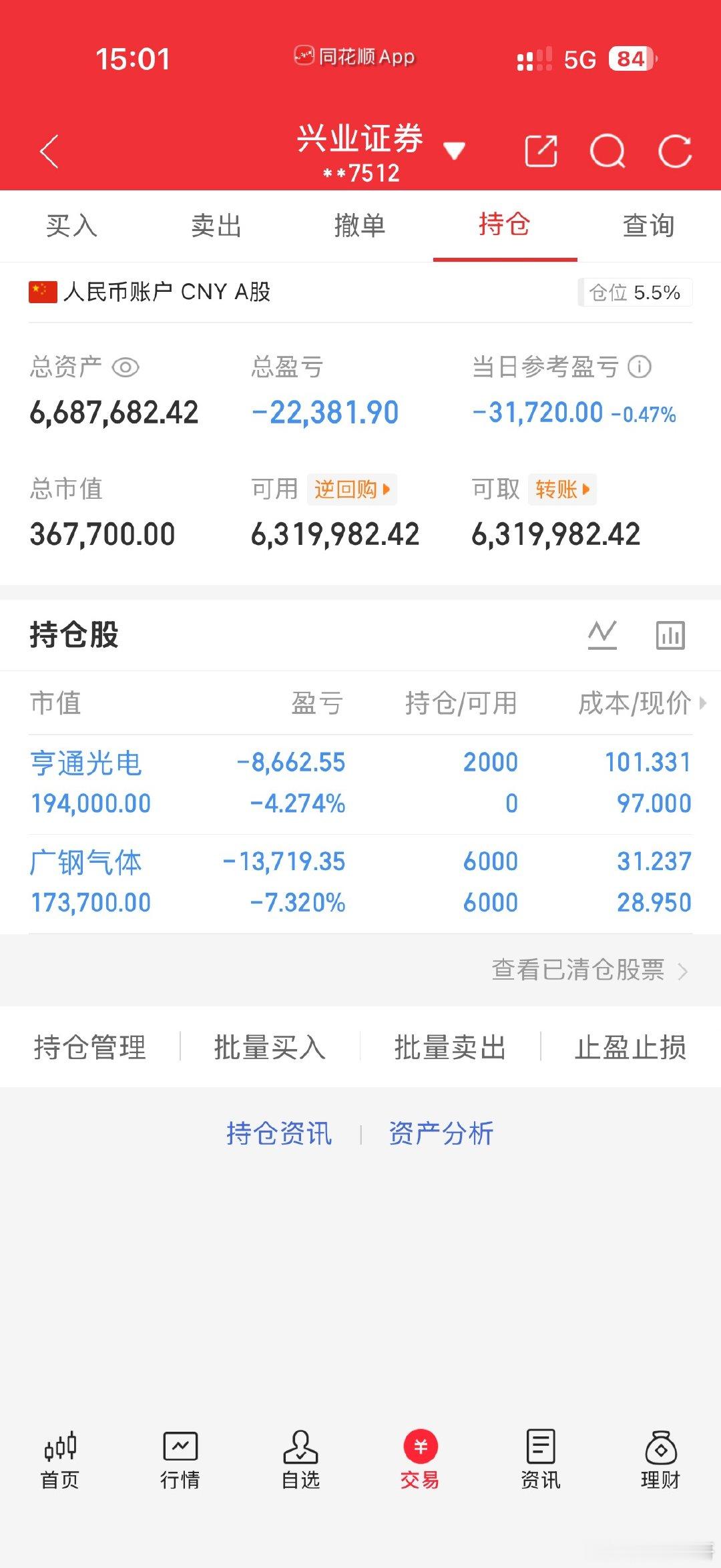 今天是6月12号！长征财哥（80w）翻倍操作之旅。今天卖出:   广钢气体今天买