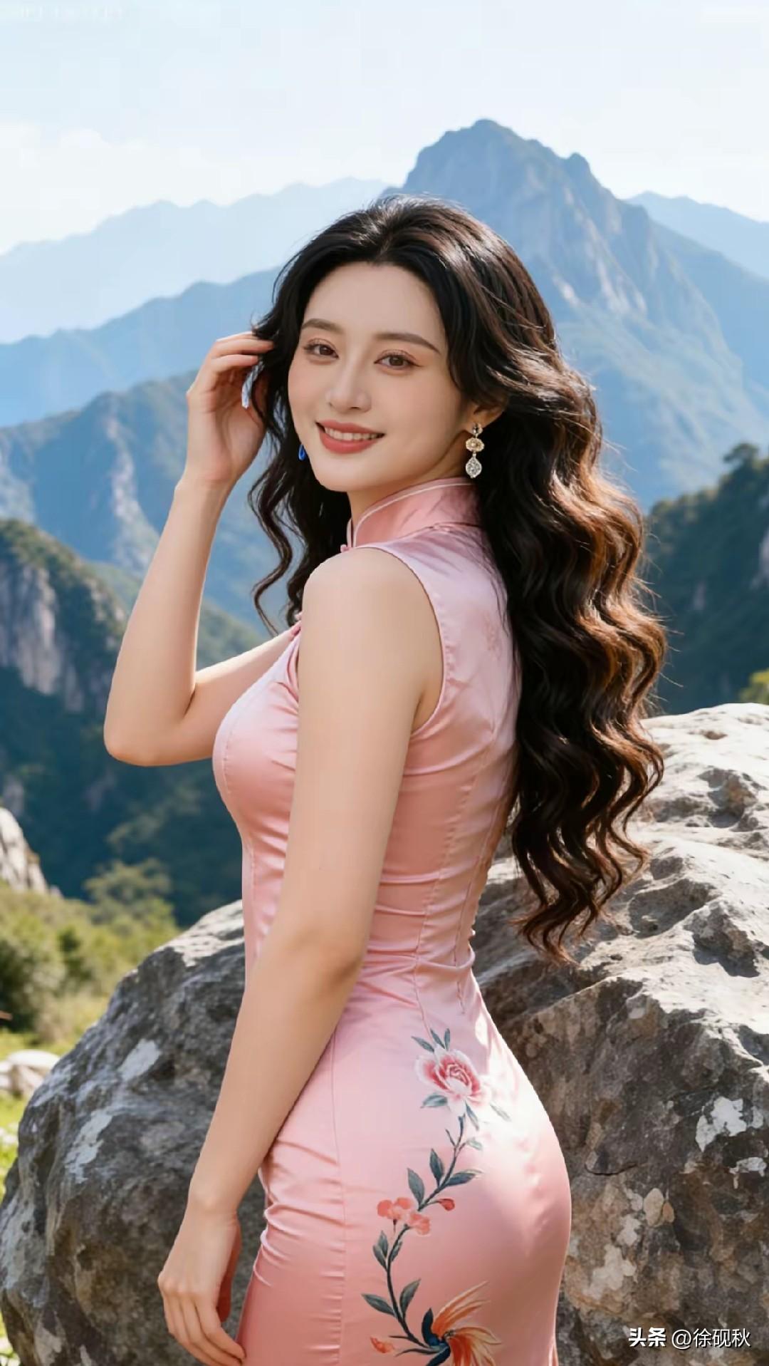 回眸一笑百媚生，
恰似春风拂柳轻。
旗袍雅致衬娇容，
青丝如瀑沾风情。