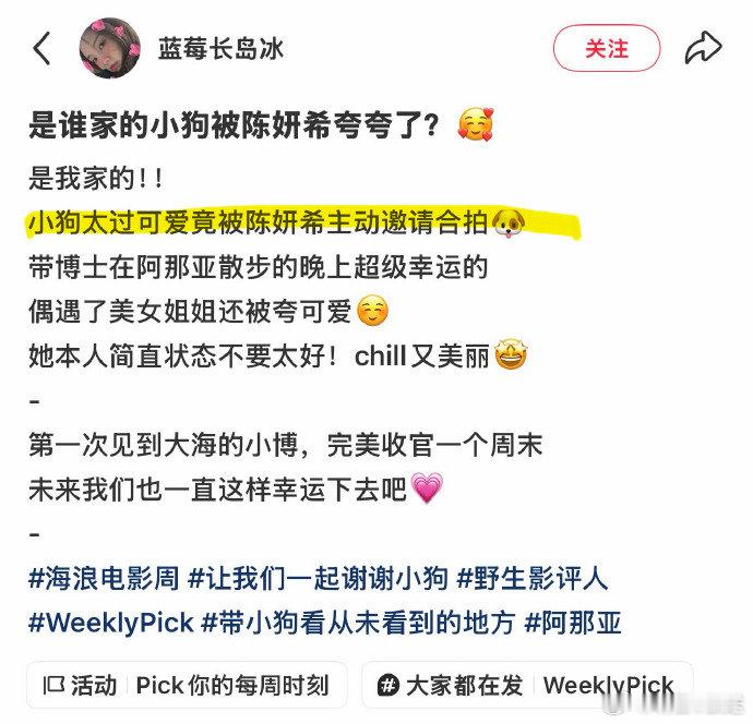 陈妍希主动和偶遇路人合照 陈妍希在阿那亚被路人偶遇，主动提出和小狗一起合照，还笑