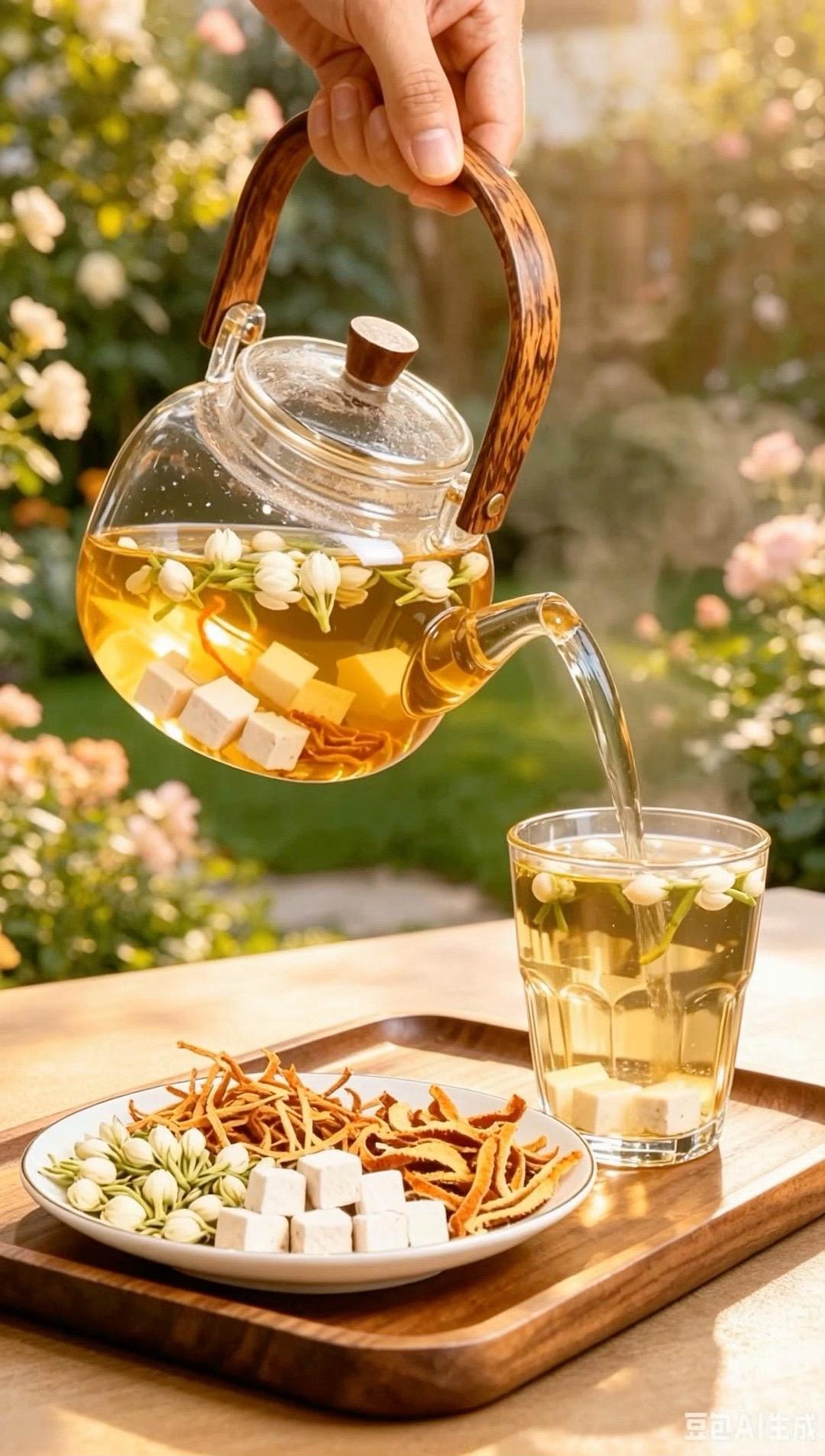 真材实料搭配茉莉、陈皮、茯苓多种草本原料，用料清晰看得见，通透三角茶包...