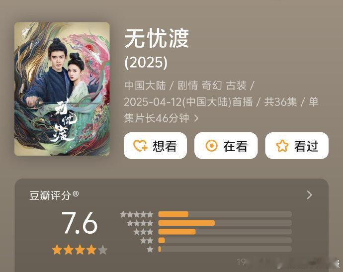 无忧渡涨分至7.6宋祖儿任嘉伦无忧渡豆瓣评分上涨 《无忧渡》评分跃至 7.6！开