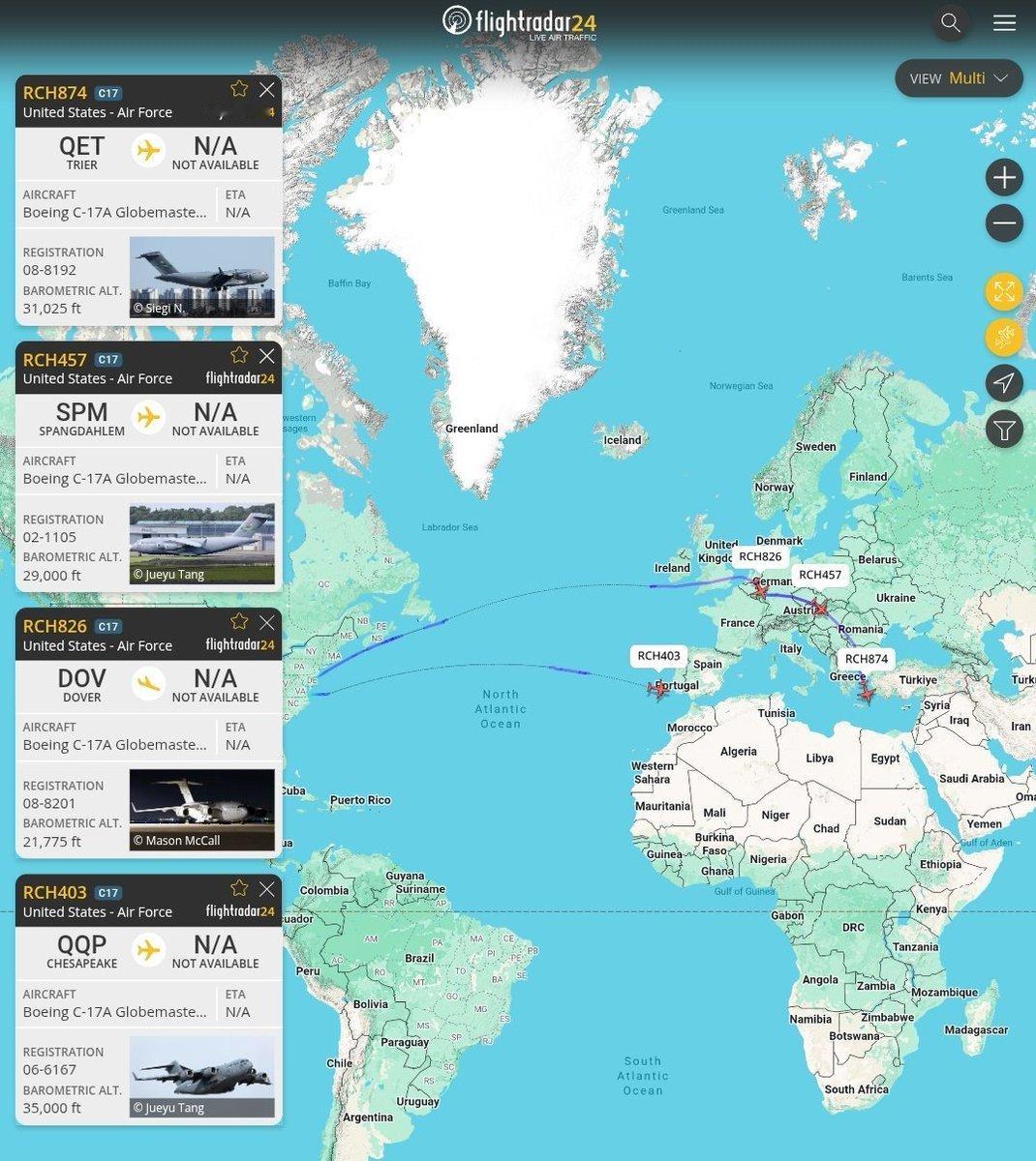 🔻C-17 运输机（及少量 C-5M）持续每日降落于中东地区的美军基地，投送包