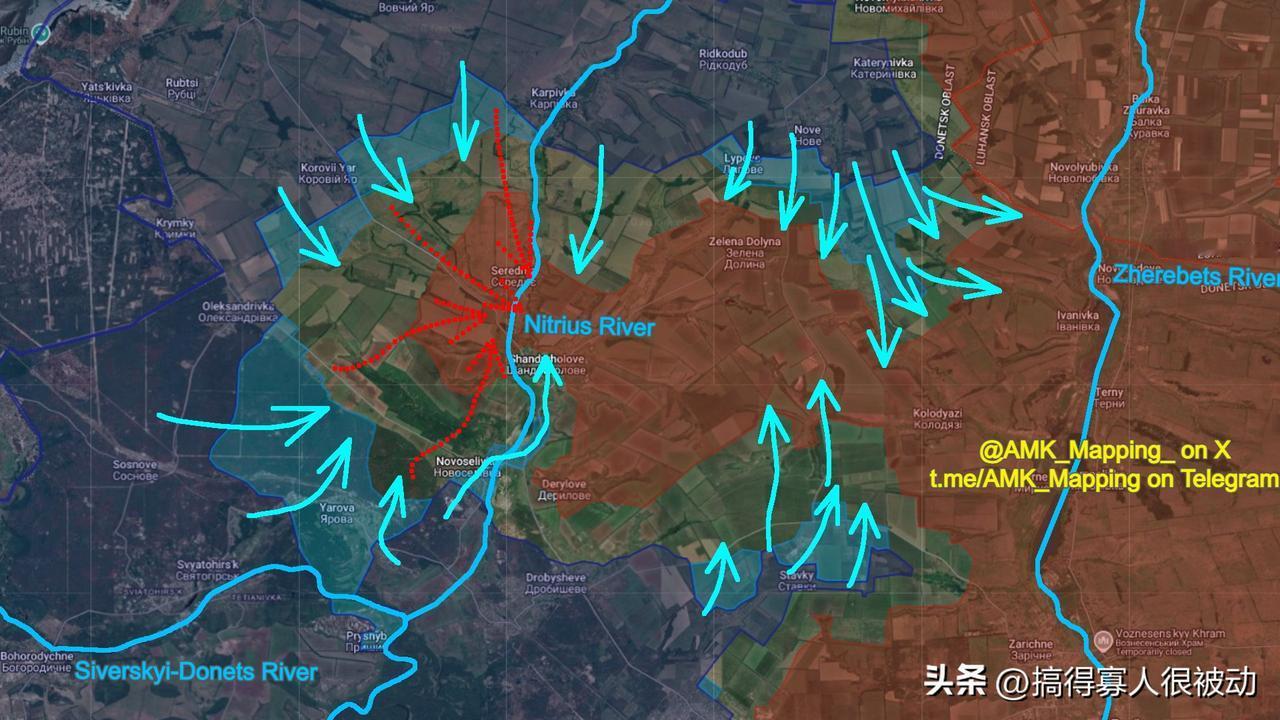 利曼北部的俄军面临危机时刻，另一知名亲俄制图博主“AMK Mapping”发布了