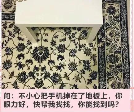 问:不小心把手机掉在了地板上，你
眼力好，快帮我找找，你能找到吗？