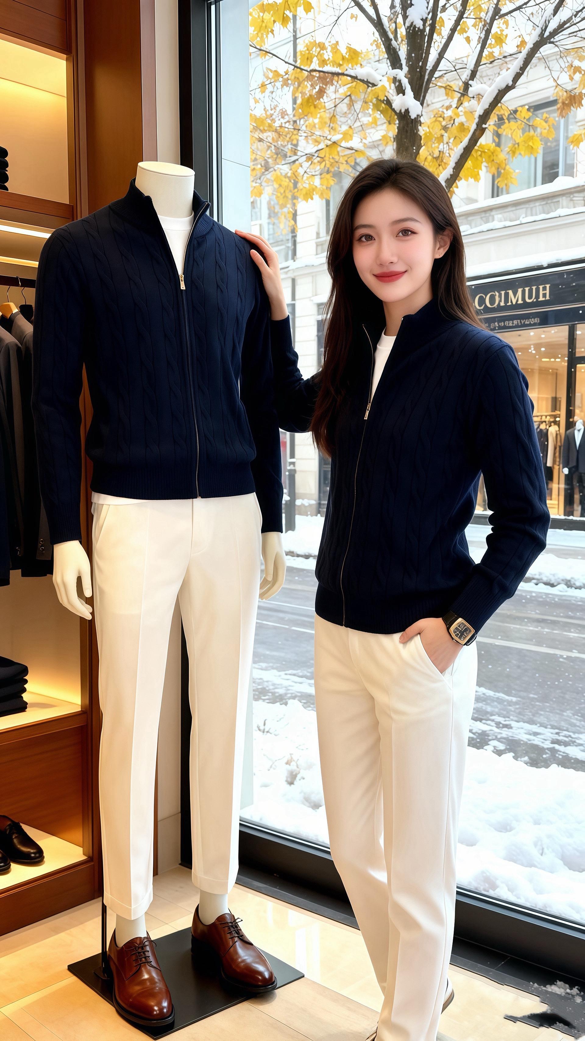 雪沫贴在男装店的玻璃上时，许妍正指尖摩挲着藏青绞花针织开衫的拉链——软...