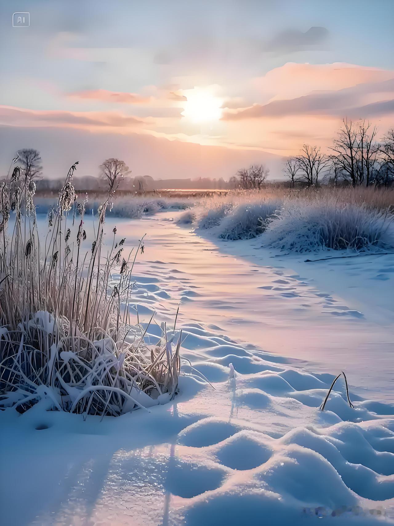 冬日郊外，银妆素裹。暖阳初照，风静无声。