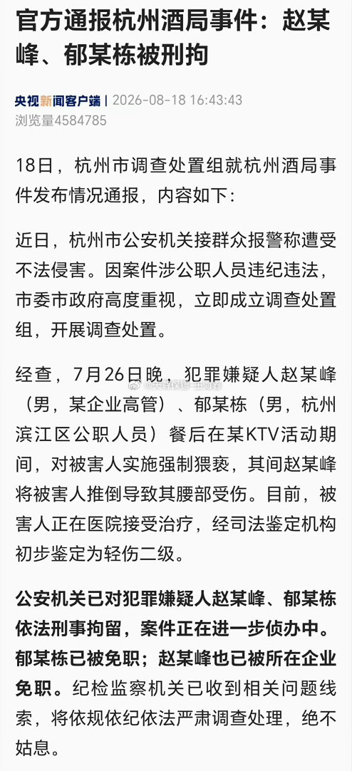 杭州酒局事件官方通报来了 调查组通报杭州酒局事件赵某峰郁某栋被刑拘
