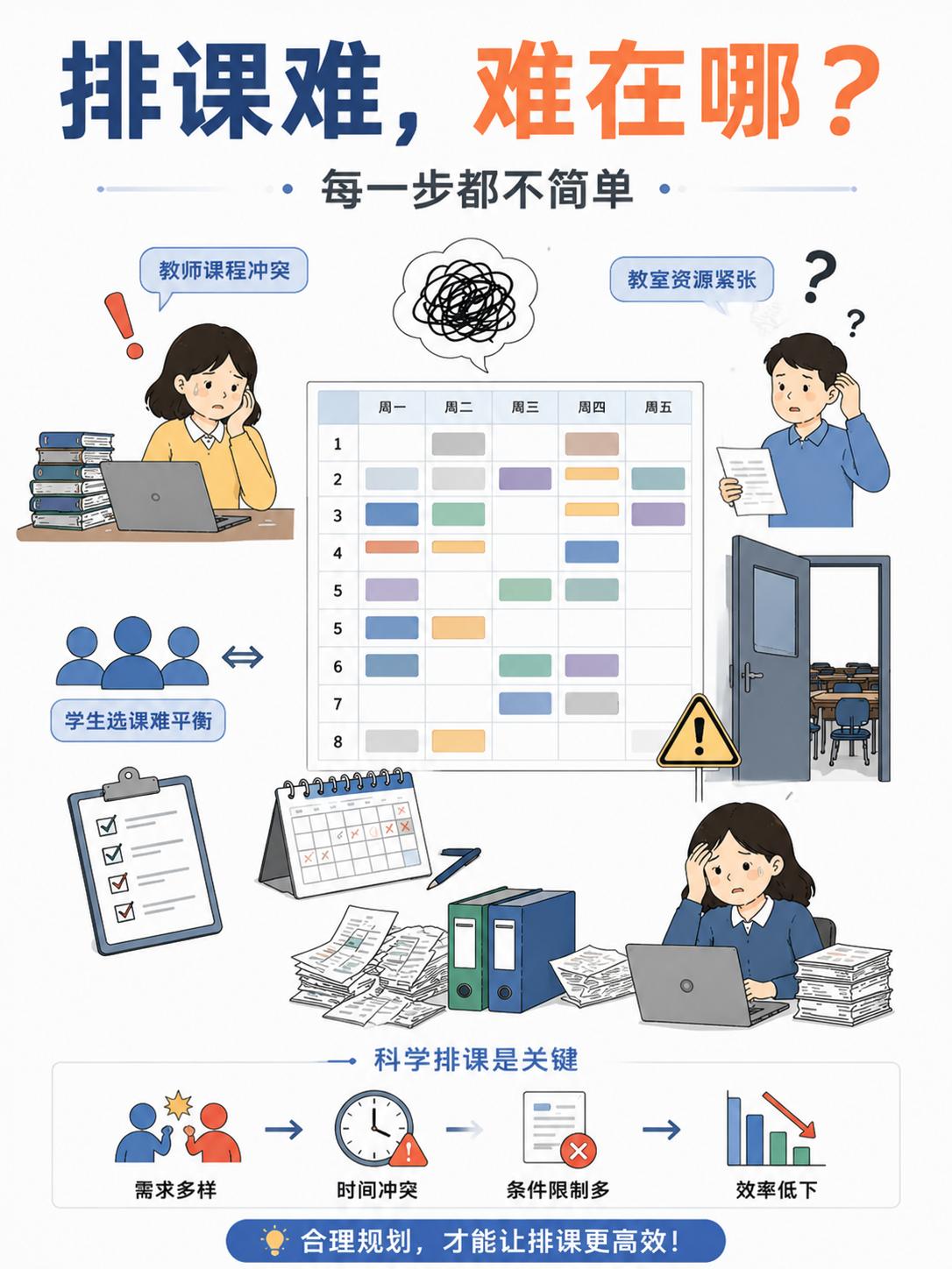上周教研交流会，邻校负责排课的教务拉着我们倒苦水。他们学校实行 7 选 3 走班
