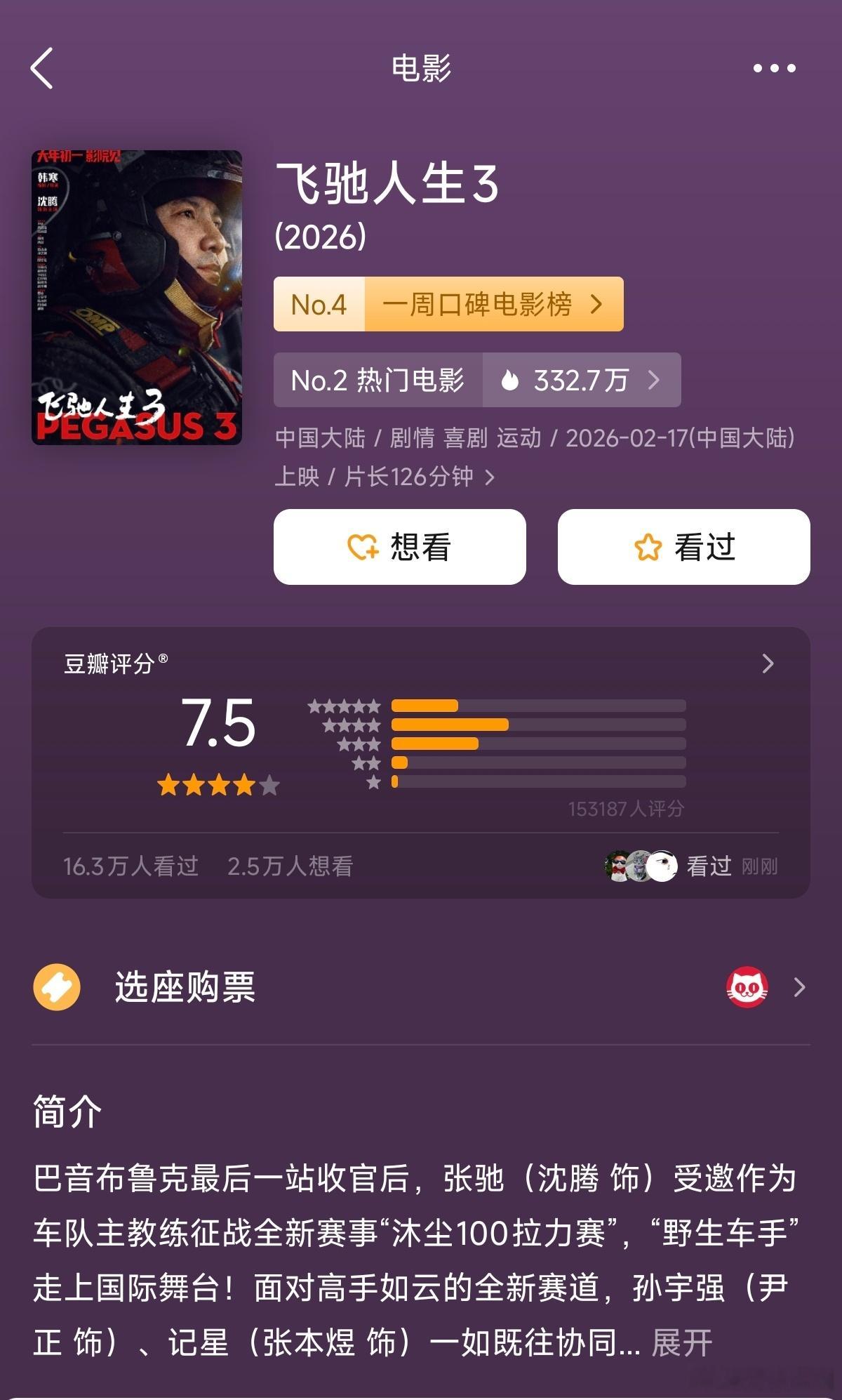 春节档票房前三排名1⃣️飞驰人生3 豆瓣7.5分2⃣️镖人.风起大漠 豆瓣7.5