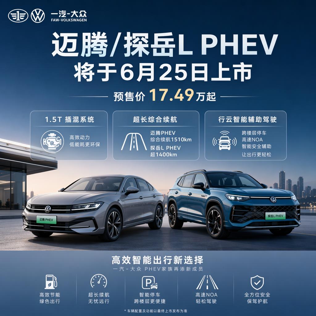 6 月 25 日双车齐发，迈腾、探岳 L 插混登场，合资插混补齐续航与智驾短板