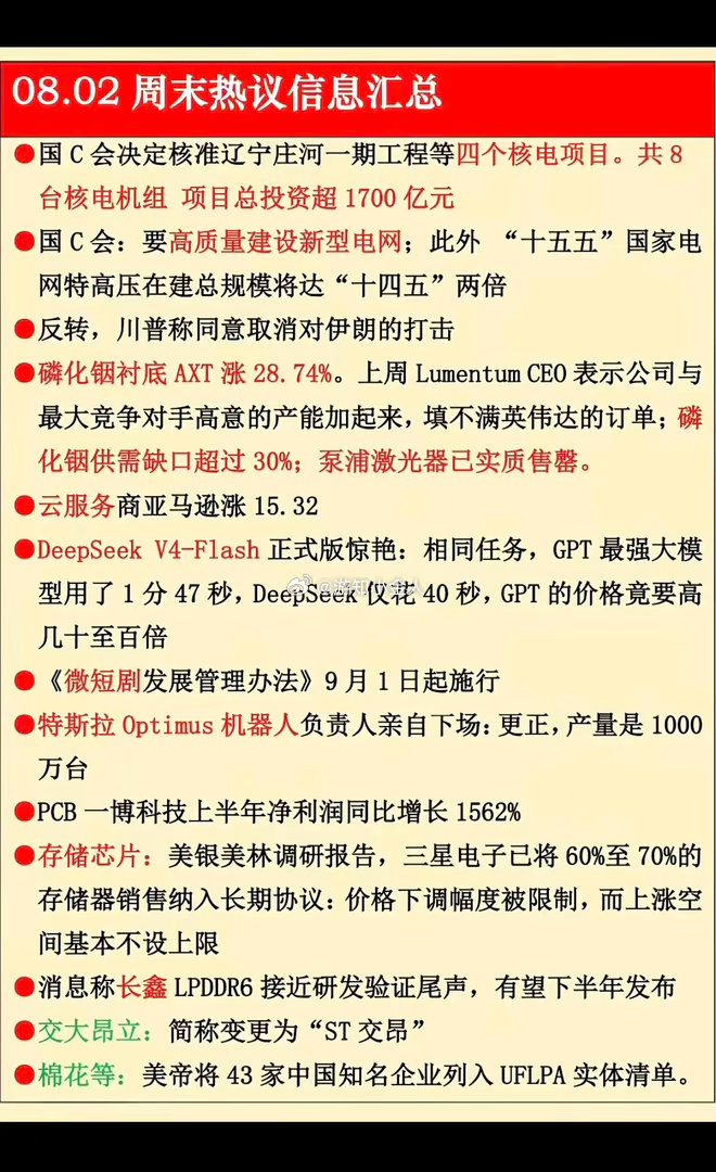 8.02周日  晚间：财经热点信息参考！1.核电核能2.磷化铟衬底3.云服务4.