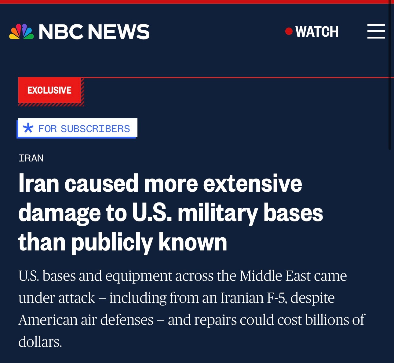 NBC 报道，伊朗对美国在中东的军事基地造成的破坏，远远超过公开披露的程度。美国