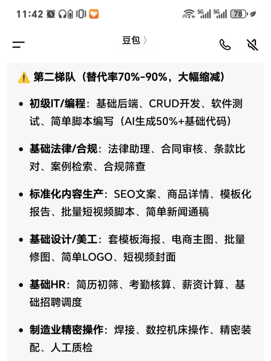 AI 替代岗位我让豆包总结了一下…越像机器的工作越容易被机器替代越像人的工作越安