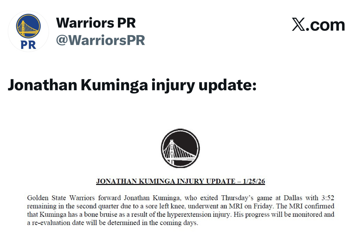 距离交易截止日还有11天，勇士今日赛前宣布：乔纳森·库明加的核磁共振检查结果显示