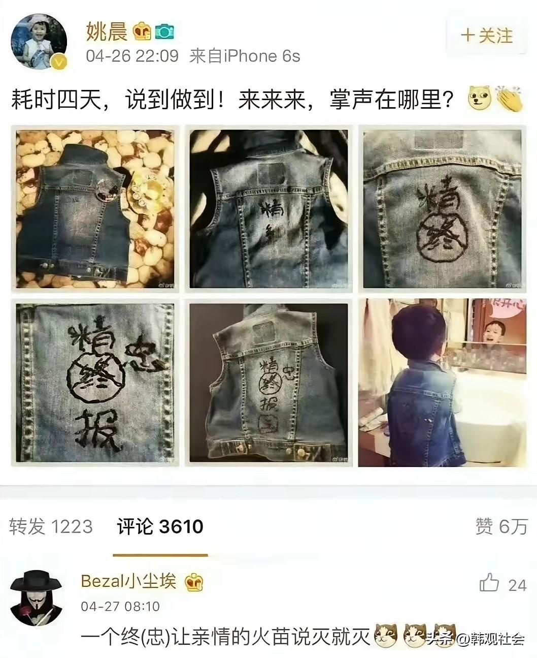 古有岳母为儿刺“精忠报国”，今有姚晨为儿绣“精终报国“！
2016年4月中旬的一