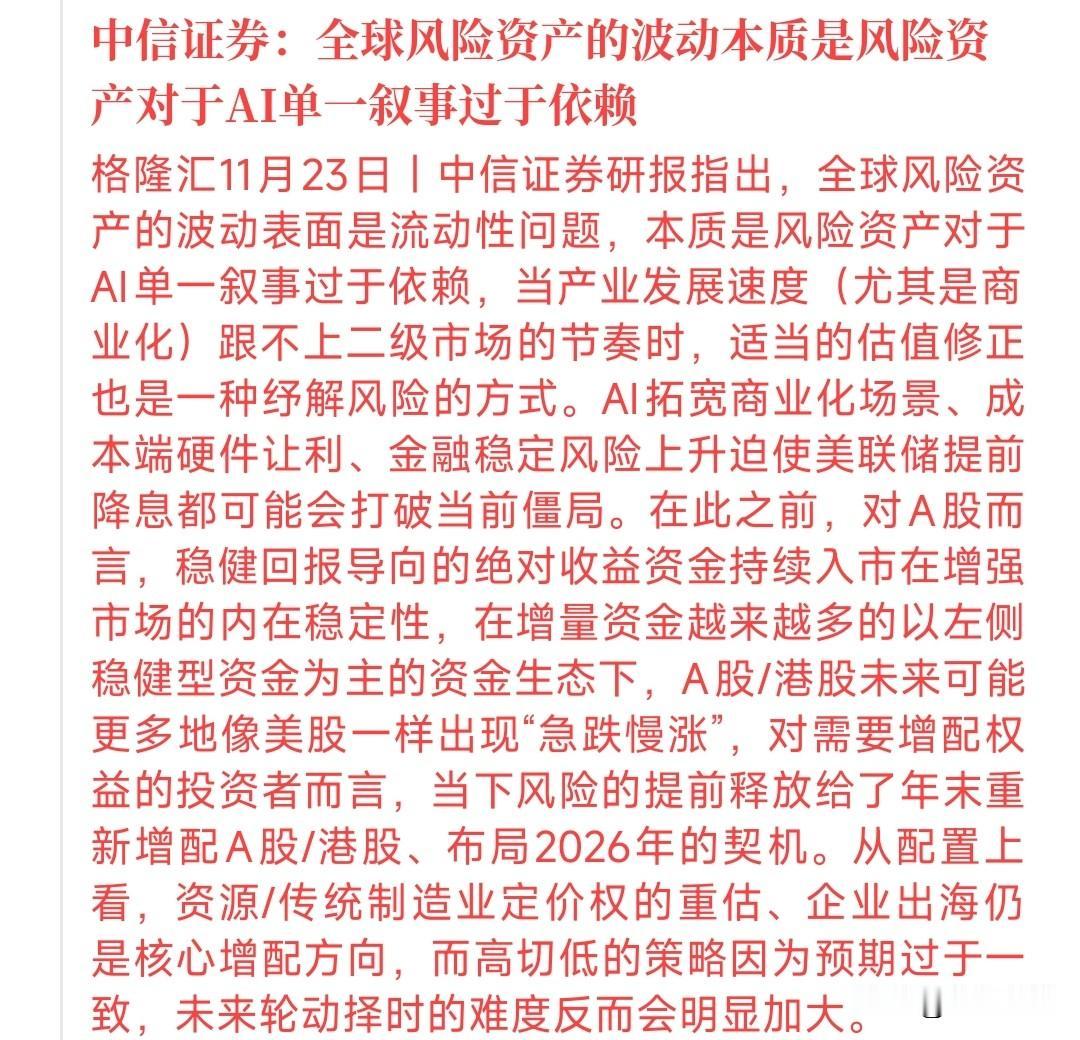 中信这次给出了当下资本市场的风险的原因，AI依赖成为原罪
中信表示当前风险资产对
