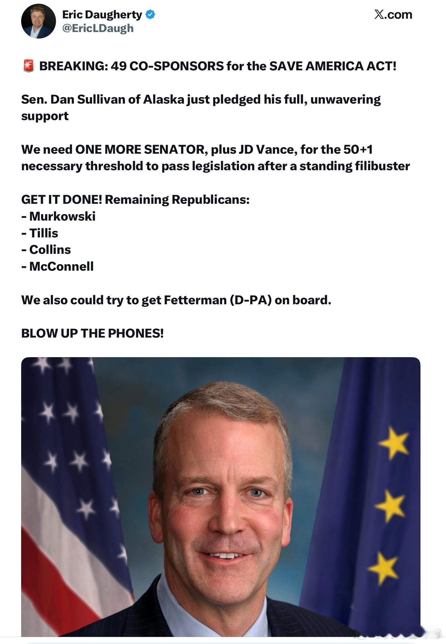 現在 《拯救美國法案》（SAVE America Act）已經有49位共同提案人