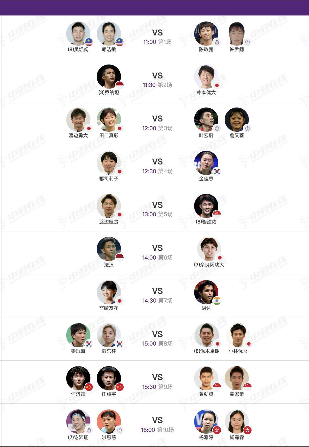 2026年羽毛球亚锦赛 4月9日各单项16进8，早上11点开赛：【1号场地】7、