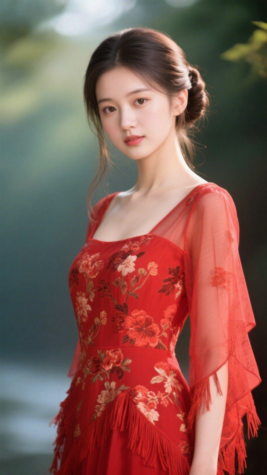 红裙映清川
 
一袭红裙揽清风，几缕薄纱绕肩头。她立于清川之畔，鬓边青丝轻绾，眉