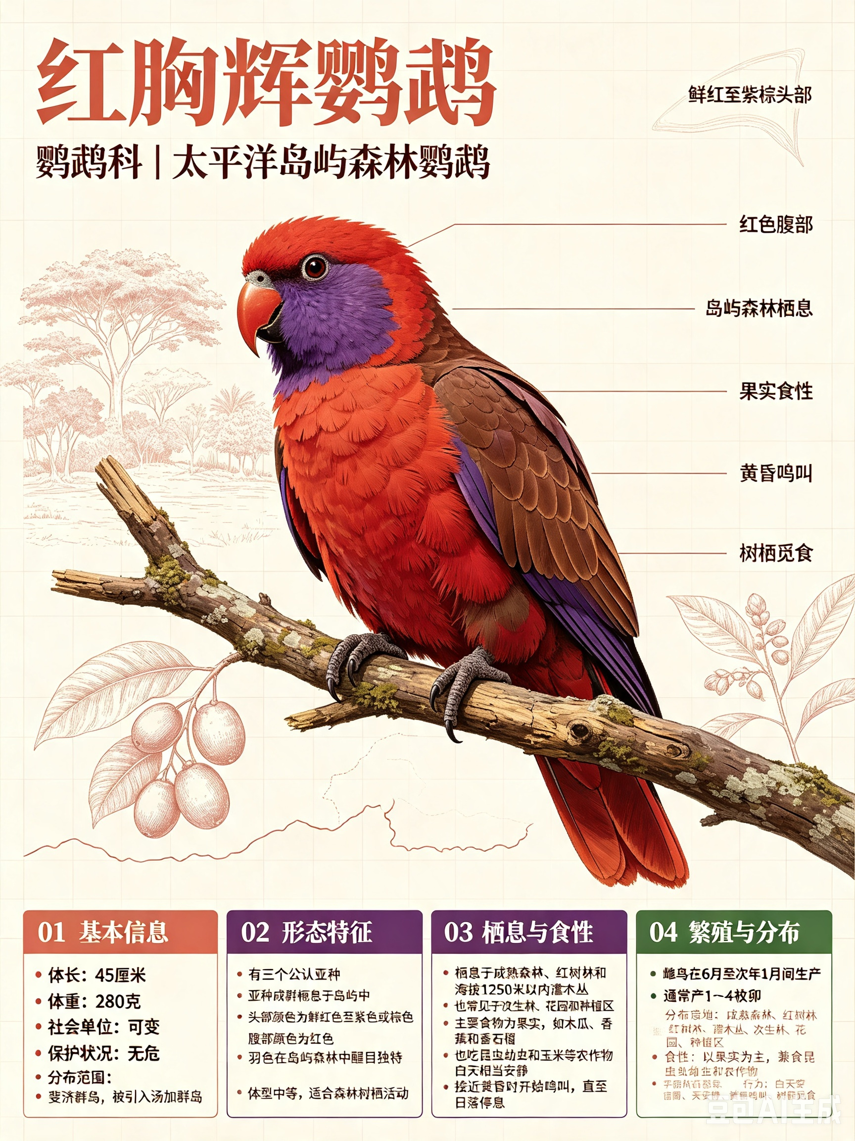 鸟类朋友图鉴 红胸辉鹦鹉体长：45 厘米体重：280 克社会单位：可变保护状况：
