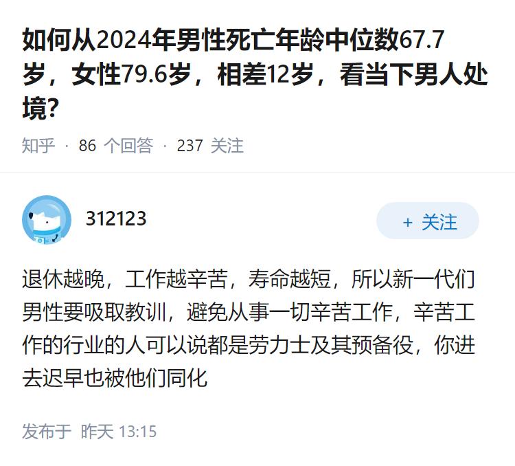 如何从2024年男性死亡年龄中位数67.7岁，女性79.6岁，相差12岁，看当下