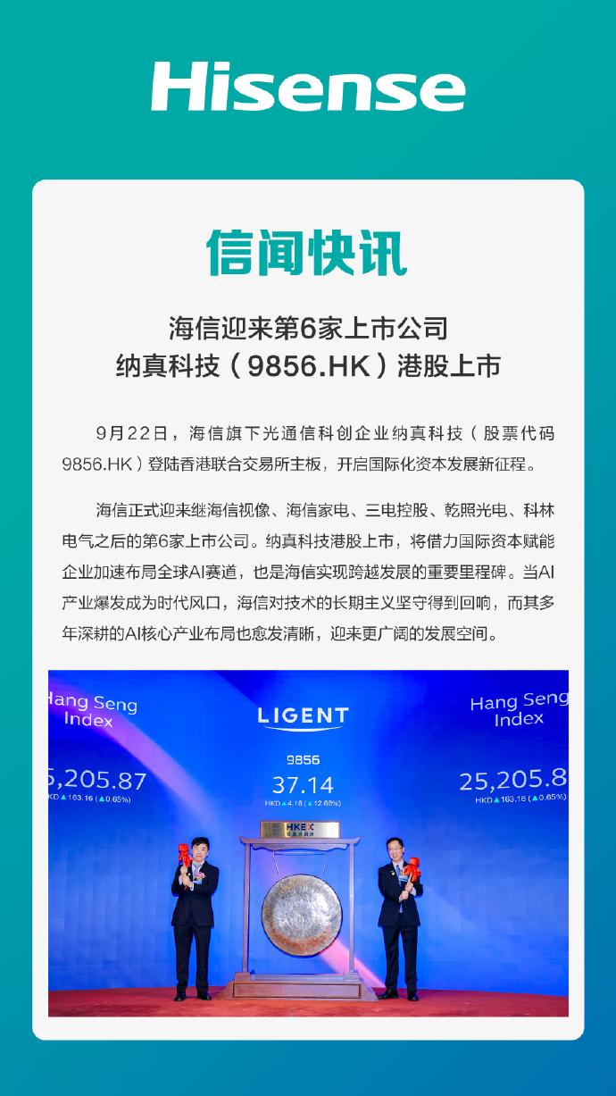 【科技快报网】9月22日，海信旗下光通信科创企业纳真科技（股票代码9856.HK