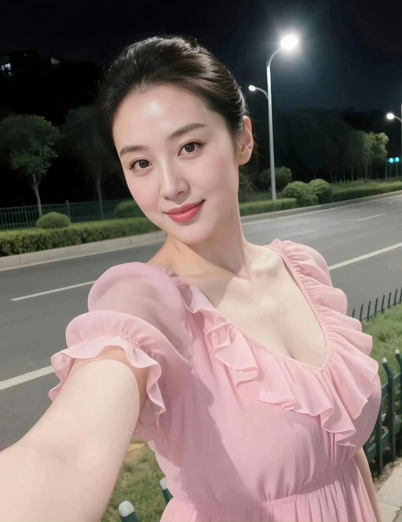 夜晚散步，粉色裙摆飘逸，微笑面对镜头