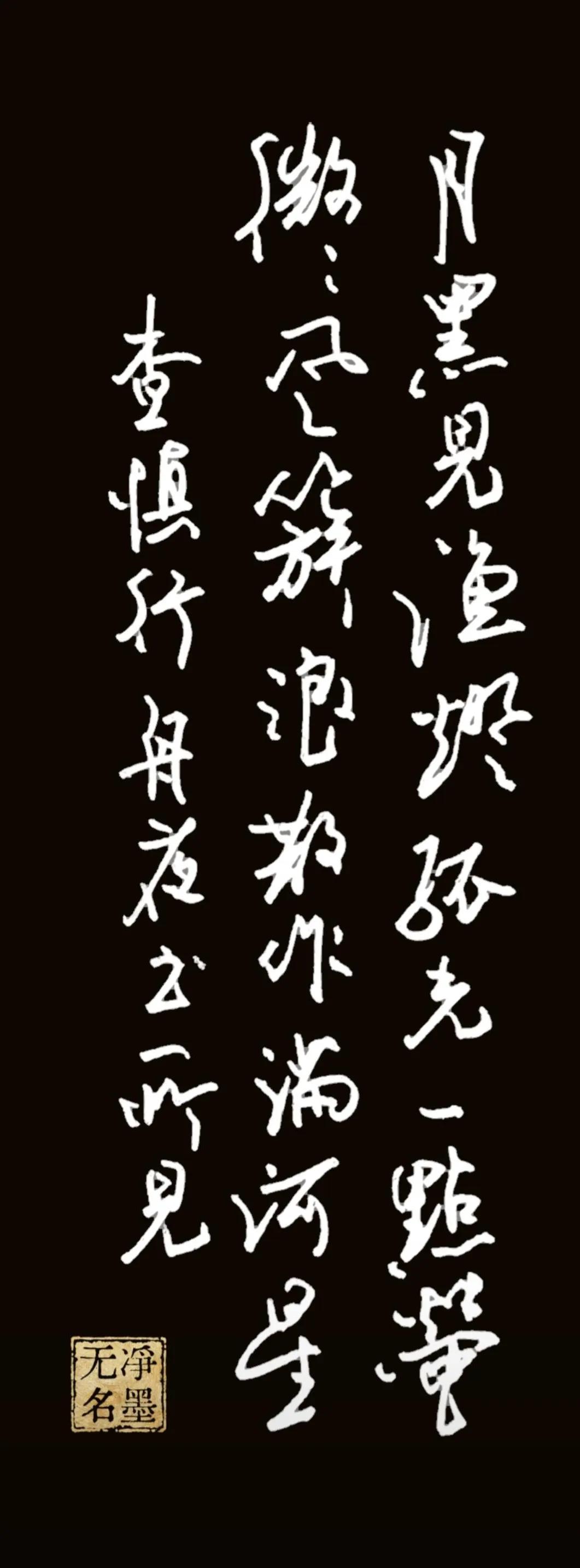 净墨写夜舟，
一点渔灯散作满河星。
行草笔势灵动起伏，线条轻重变化自然，夜色江涛