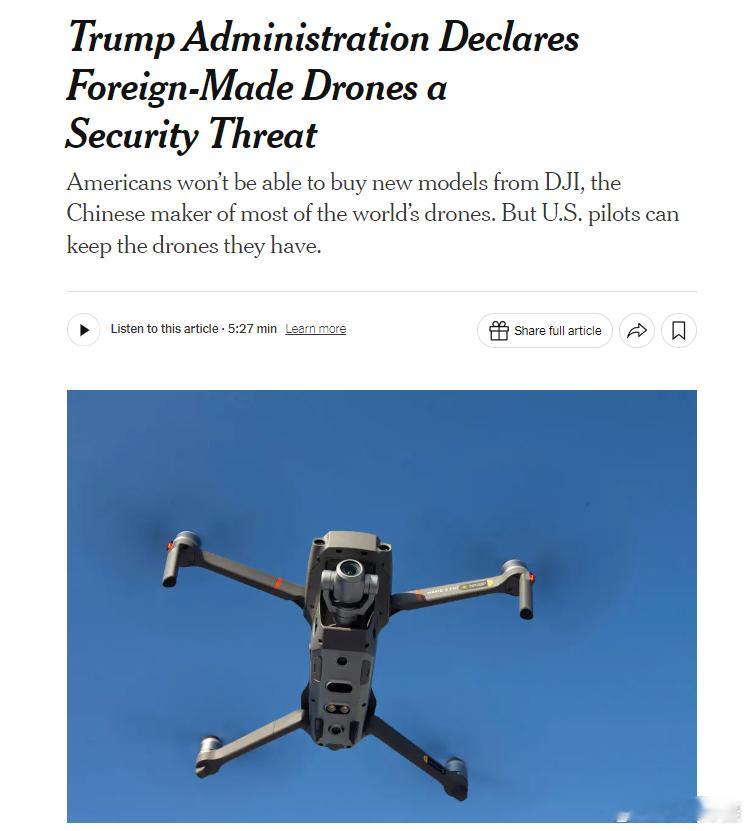 大疆对美方决定表示遗憾 据美媒：美国禁止中国产无人机，引发操作员的愤怒。而推动这