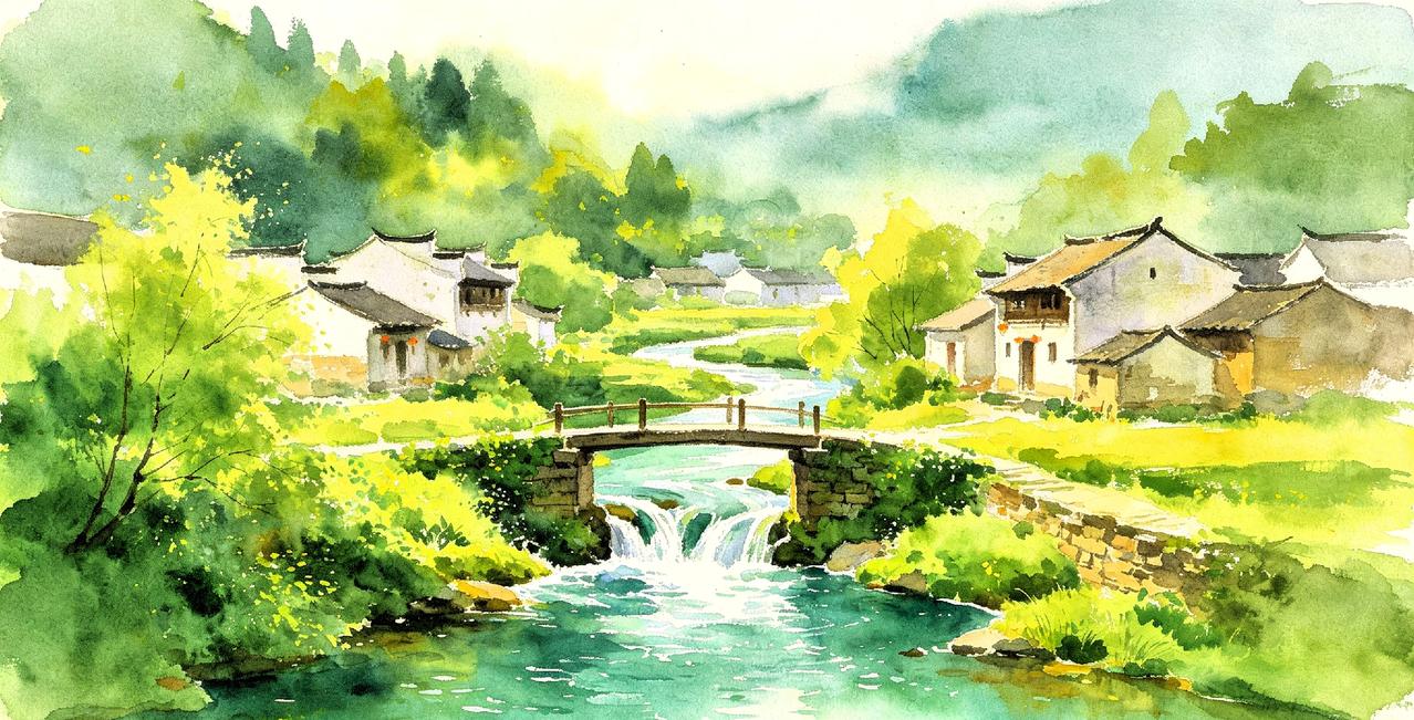 小桥横卧碧波上，流水潺潺绕村行。杨柳轻摇垂绿丝，桃花含笑映溪清。风拂枝间香暗度，