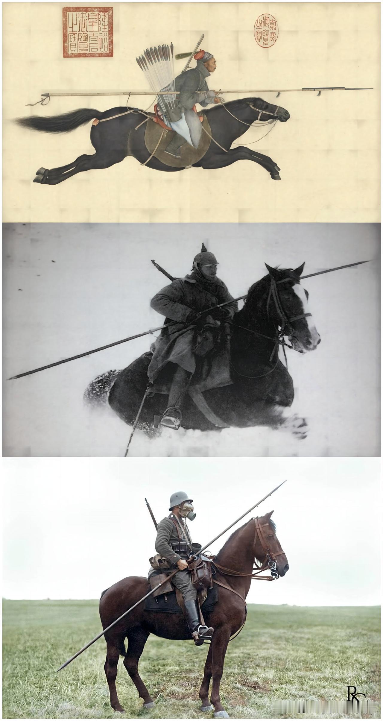 乾隆时期，宫廷画家郎世宁绘制的《阿玉锡持矛荡寇图》，图中蒙古勇士阿玉锡背挂火枪，